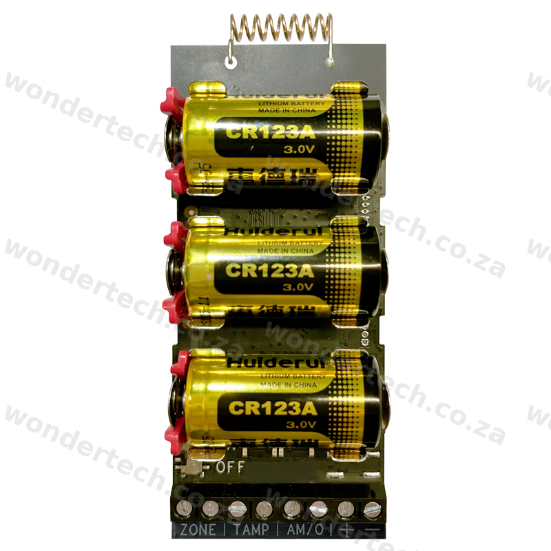 Wireless 1ch input transmitter 3.3VDC output for 3rd party low-power wireless detector  1 alarm input  3 CR123A batteries included
